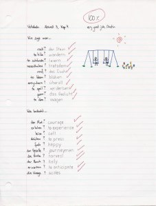 In German class we were assigned to write a vocabulary quiz to give to another student. I did quite well on this quiz, though I remember very few of these words today.