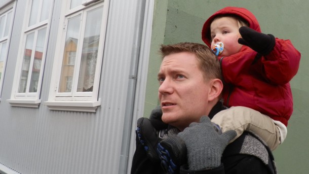 Dustin with Fiona in Reykjavík, Iceland, 25 February 2012.