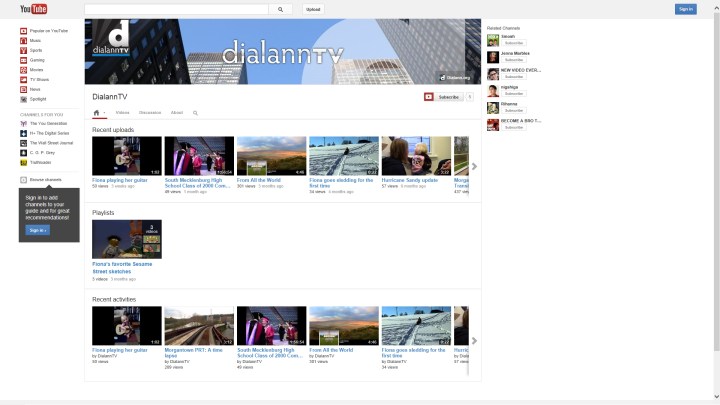 DialannTV's upgraded look using YouTube's new One Channel design.
