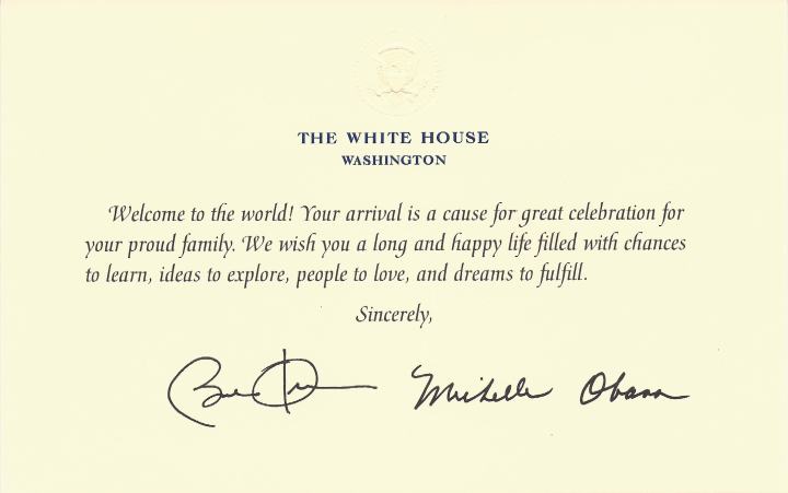 Birth congratulations card from the White House
