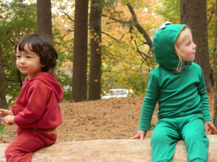 Fiona, in her frog costume on Halloween, and one of her forest school friends, Alyosha Kai, hang out on a log in the pine barrens at Forest Park, Queens.