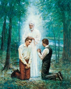 John the Baptist ordains the Prophet Joseph Smith and Oliver Cowdery to the lesser priesthood on the banks of the Susquehanna River near Harmony, Pennsylvania, 15 May 1829. (See Doctrine and Covenants 13.)
