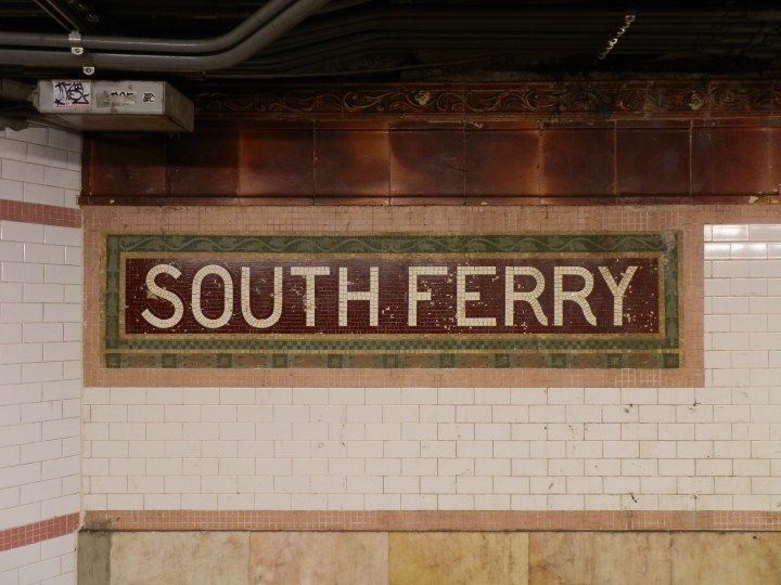 Mosaic station identification sign, South Ferry subway station, Manhattan (Heins & LaFarge, 1905)