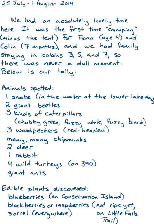 Our family’s entry in the cabin guestbook at Promised Land State Park, 31 July 2014 (page 1)