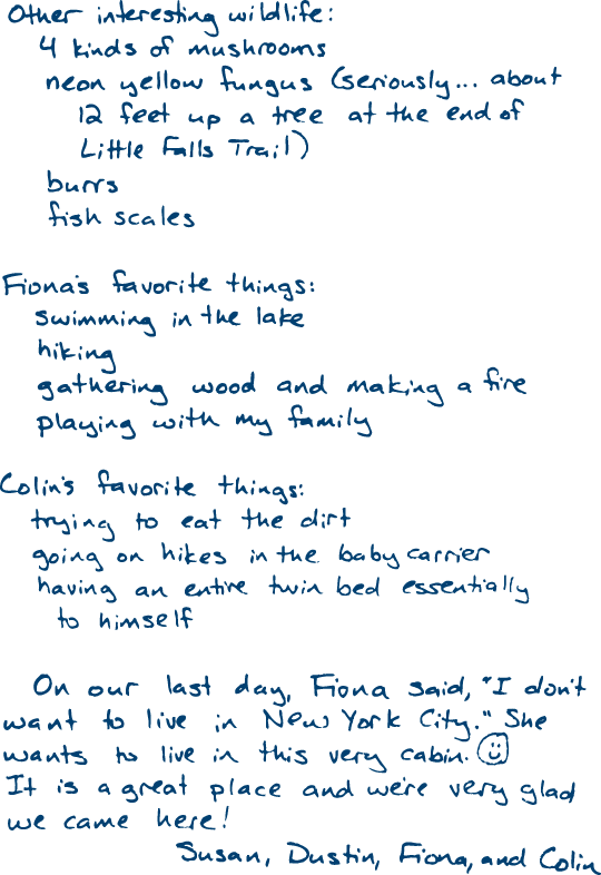 Our family’s entry in the cabin guestbook at Promised Land State Park, 31 July 2014 (page 2)